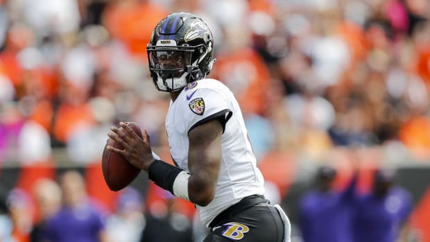 Sep 17, 2023; Cincinnati, Ohio, USA; Baltimore Ravens quarterback Lamar Jackson (8) plays the field against the Cincinnati Bengals in the first half at Paycor Stadium. Mandatory Credit: Katie Stratman-USA TODAY Sports